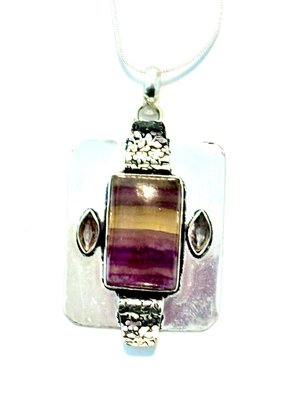 Gorgeous,2 inch, 925 marked, Fluorite and Morganite pendant on a silver chain